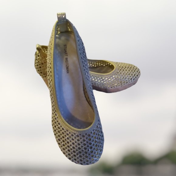 STUART WEITZMAN (3) GIRLS CAY LACE PLATINUM NOIR HEEL WEDGE Size 3  LIKE NEW - Picture 3 of 9